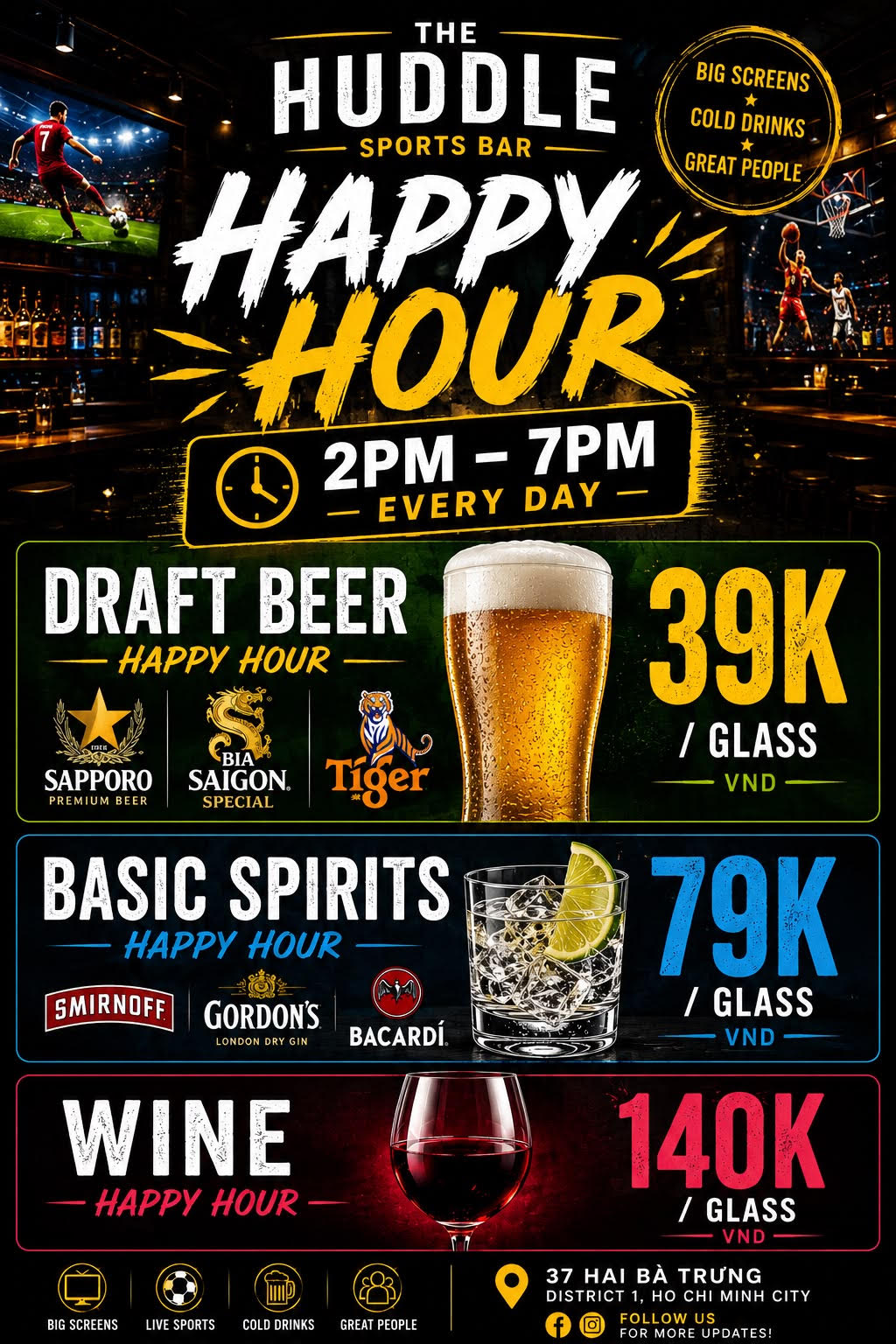 The Huddle Sports Bar Happy Hour, 2PM to 7PM every day — draft beer 39K, basic spirits 79K, wine 140K per glass